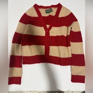 American Eagle Outfitters Red and Tan Striped V-Neck Button Cardigan